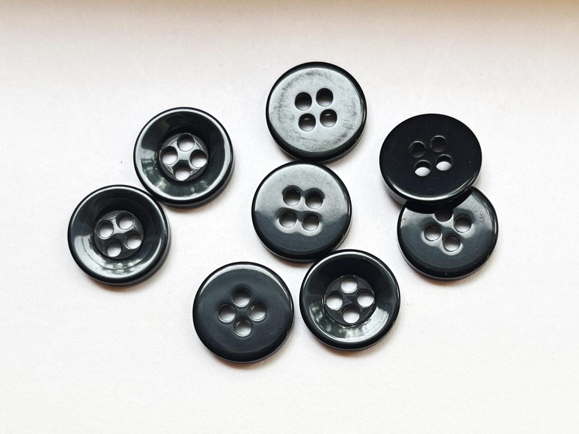 1/2" (12mm) Black Buttons, 4 Hole, Fabric Arts, Doll Making, Sewing Notions, Crafting - 8 Buttons