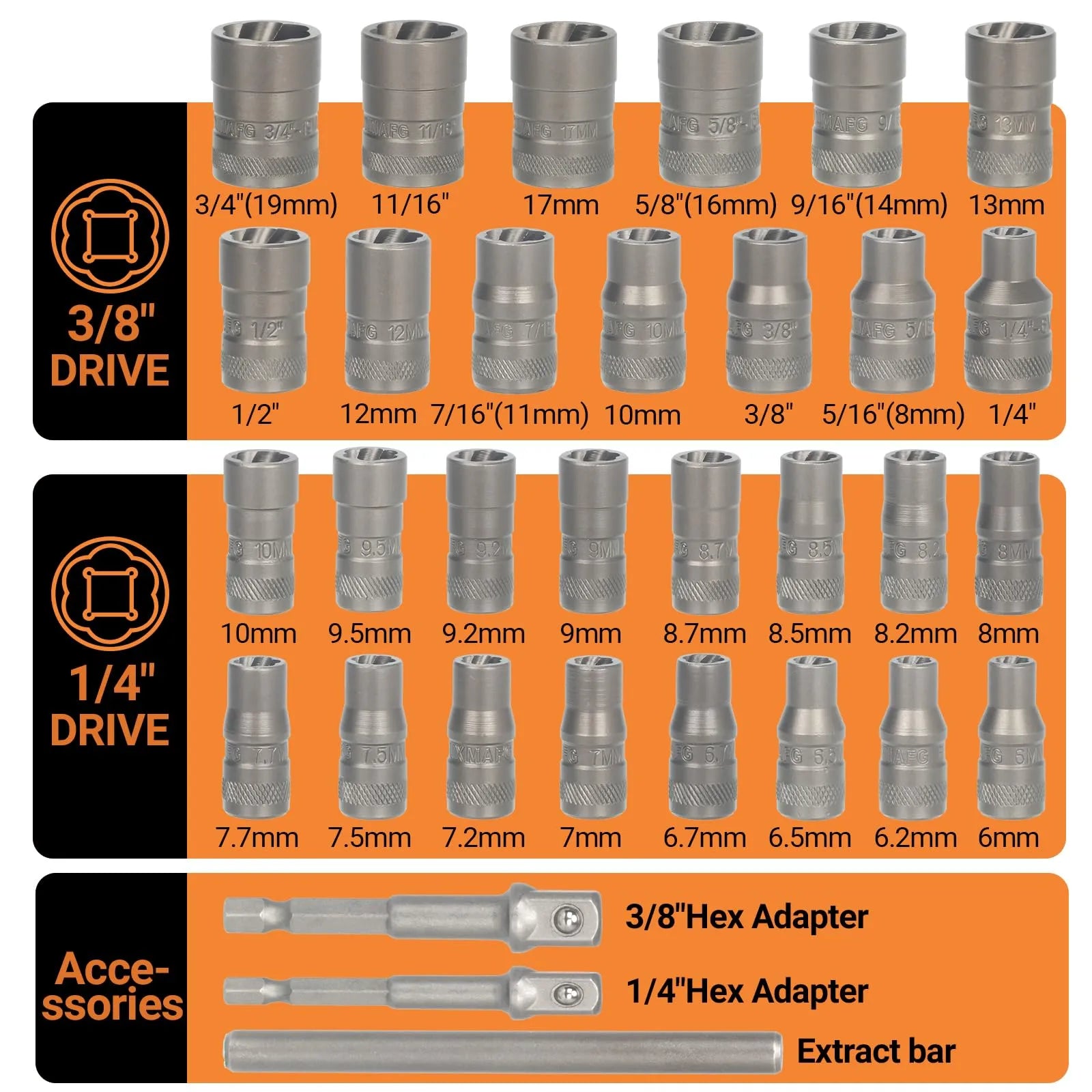 Mroace 32PCS Impact Bolt Extractor Socket Set